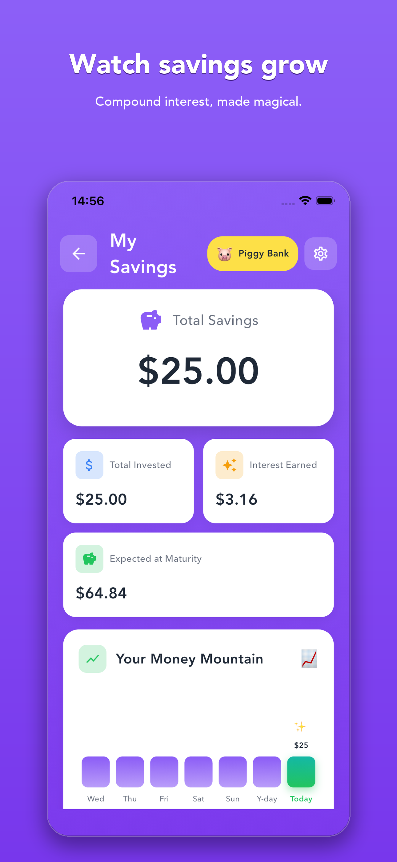 The savings screen showing total savings, interest earned and expected value at maturity
